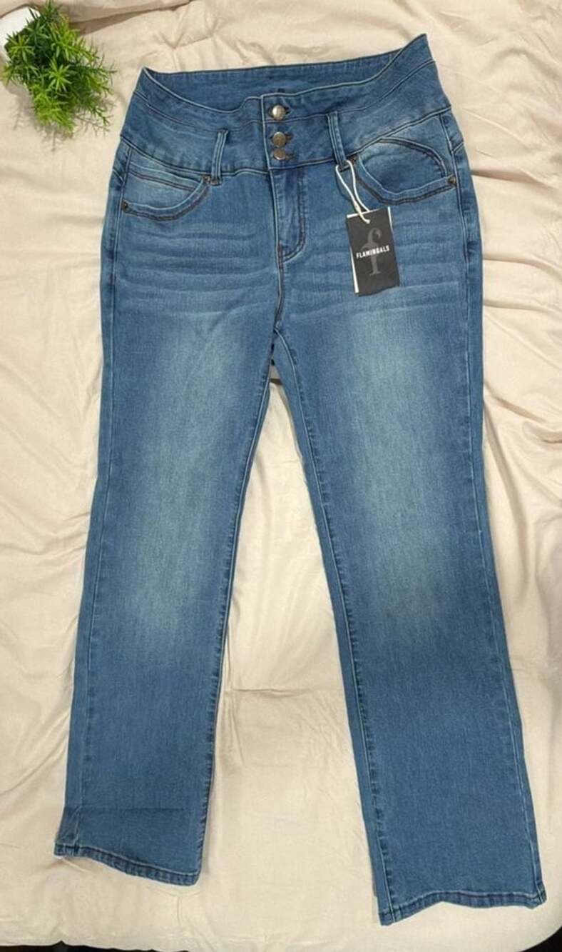 Flamingals Women's High-Rise Multi-Button Straight Leg Jeans Blue Denim Size L